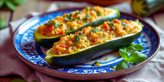 Vegetarian Stuffed Zucchini made with Rallis Olive Oil