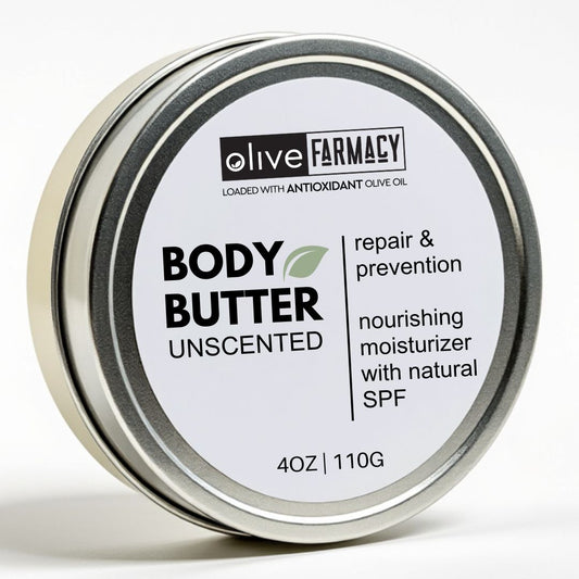 Olive Farmacy Body Butter Unscented, packaged in a 110G metal tin. 