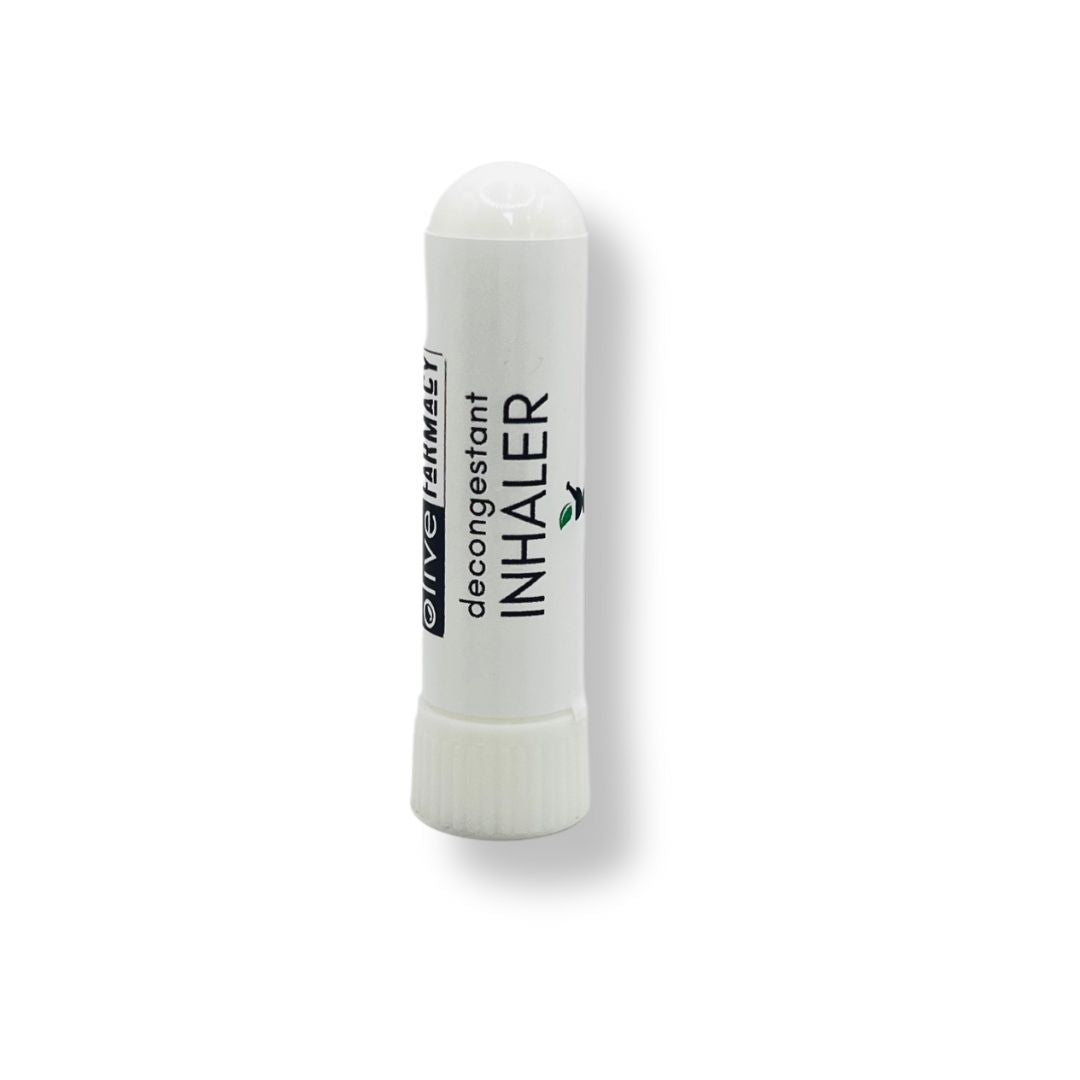 Decongestant Inhaler from Olive Farmacy packaged in white, plastic inhaler tube.