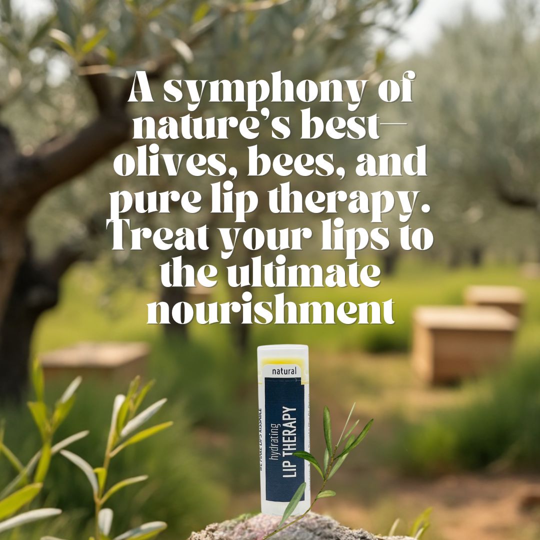 Olive Farmacy's Lip Therapy pictured in an olive grove. 